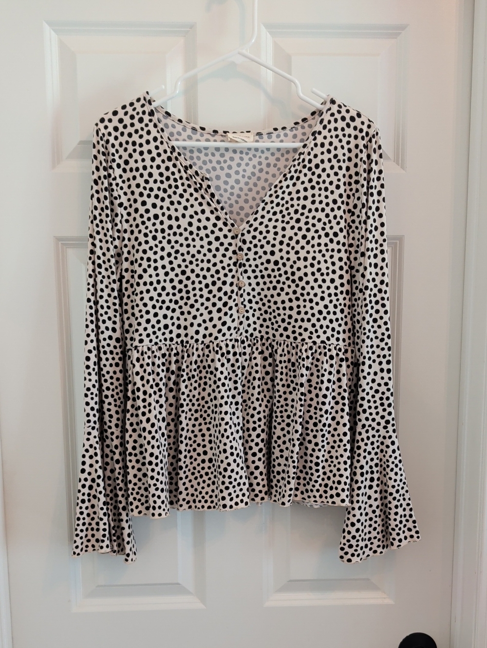 Polka Dot Peplum V-Neck Long Sleeve Top - Black on White